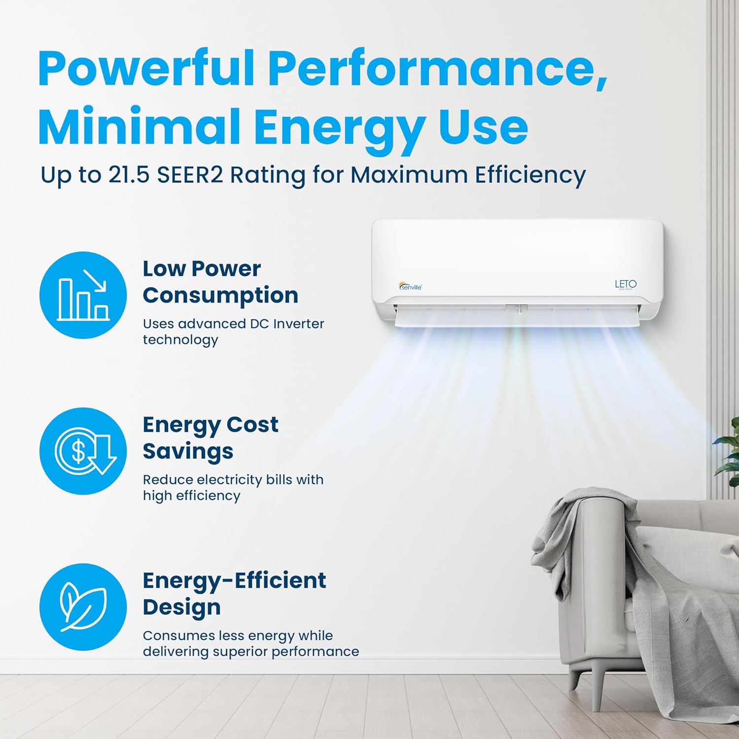 Senville LETO Series Mini Split Air Conditioner Heat Pump, 9000 BTU 110/120V, Inverter, Works with Alexa, SEER2 21.5, White
