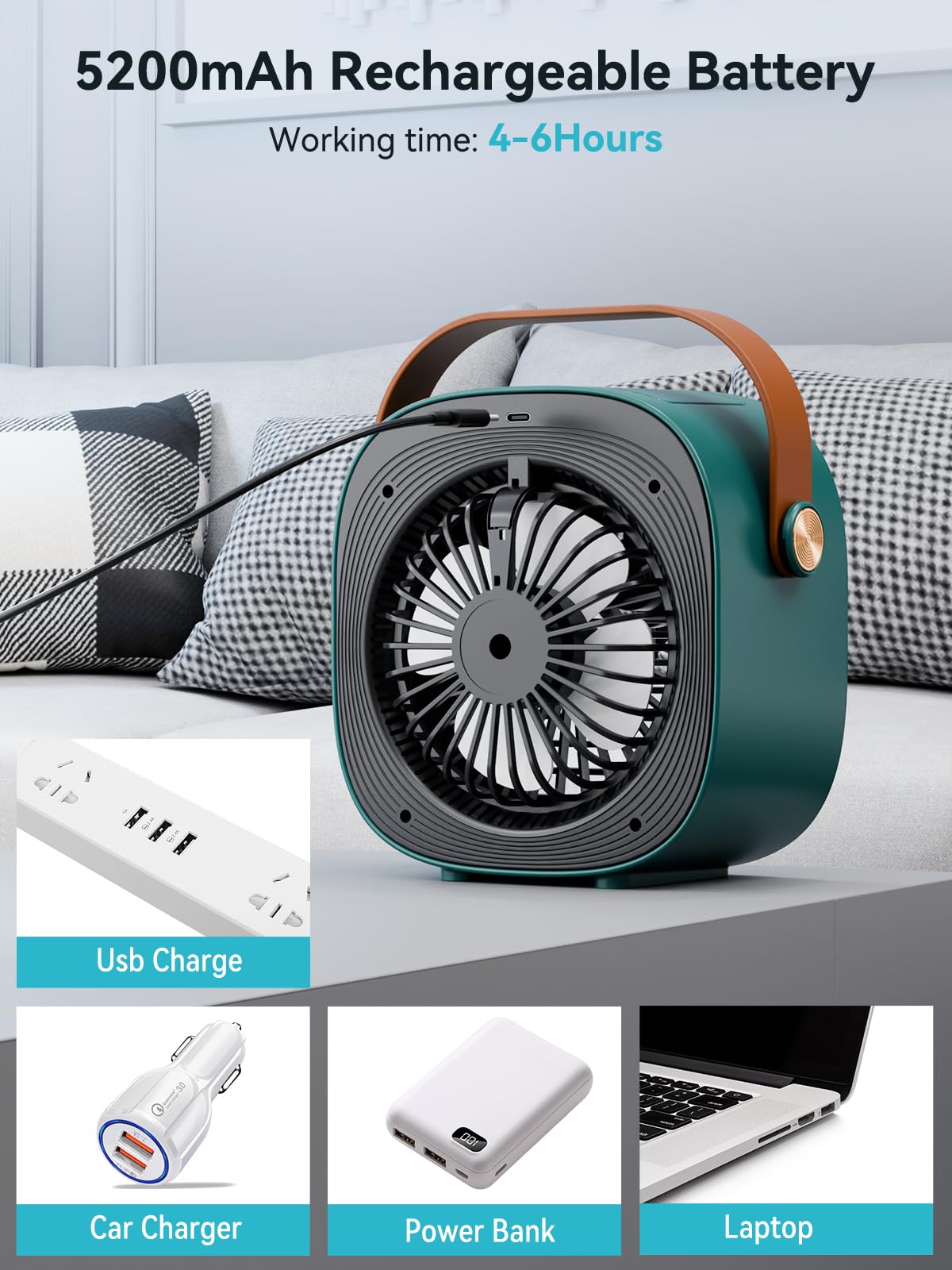 Air Conditioner Portable-5200mAh Rechargeable Personal Air Cooler, Mini Air Conditioner with 3 Speeds, Quiet Desk Cooling Fan for Home, Bedroom, Travel, Office, Outdoor, Indoor