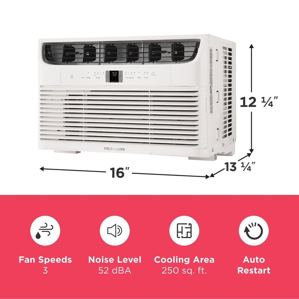 Frigidaire 6,000 BTU Window Air Conditioner with Remote Control, Cools Up to 250 Sq. Ft., Quiet Operation, Eco Mode, 3 Fan Speeds, Auto Restart, White