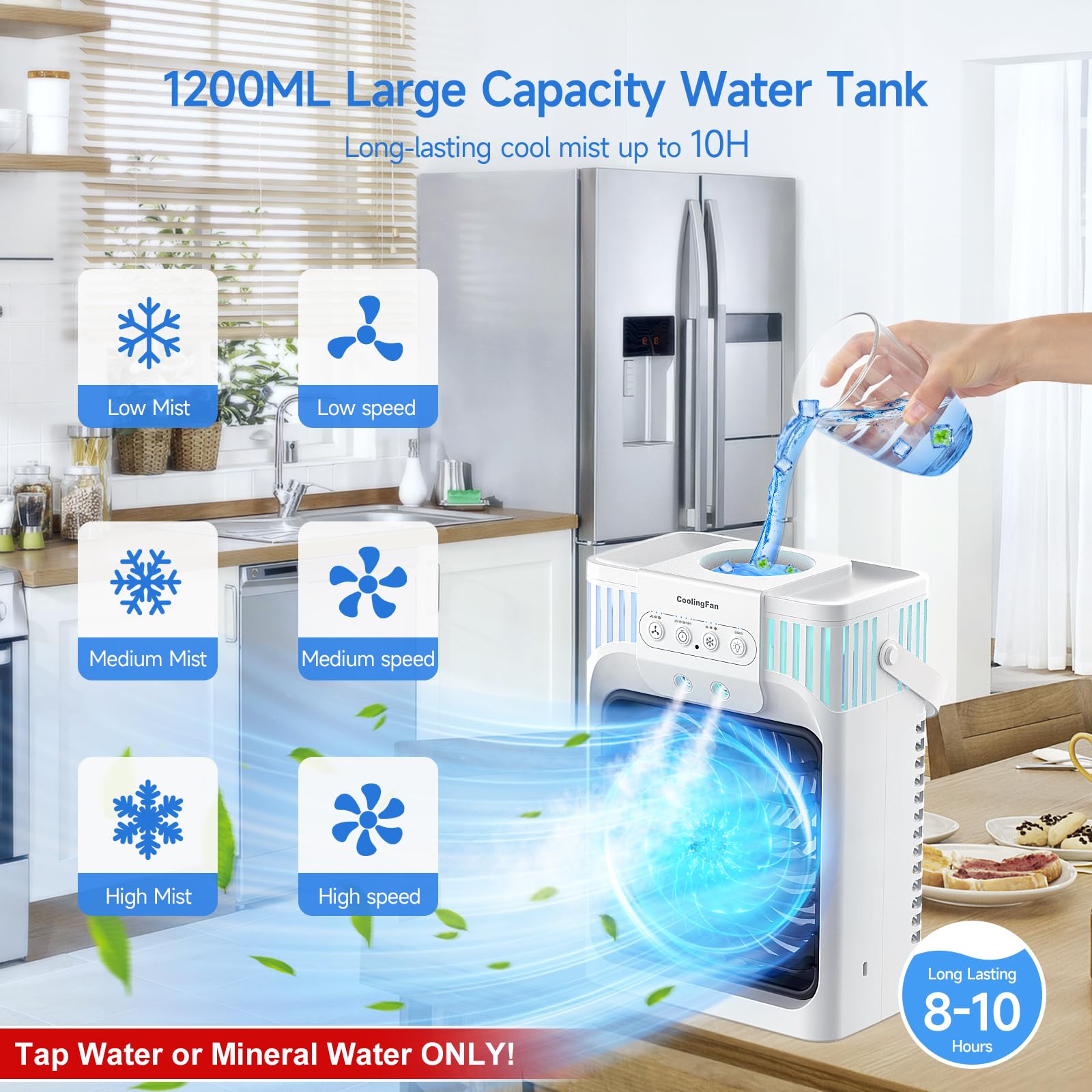 FZBPI Portable Air Conditioner Cooling Fan with Remote, Quiet with 3 Speeds, 1200ml Evaporative Personal Air Cooler Fan with 3 Mist, 7 Night Light, 8H Timer, Small Air Conditioner for Bedroom Office