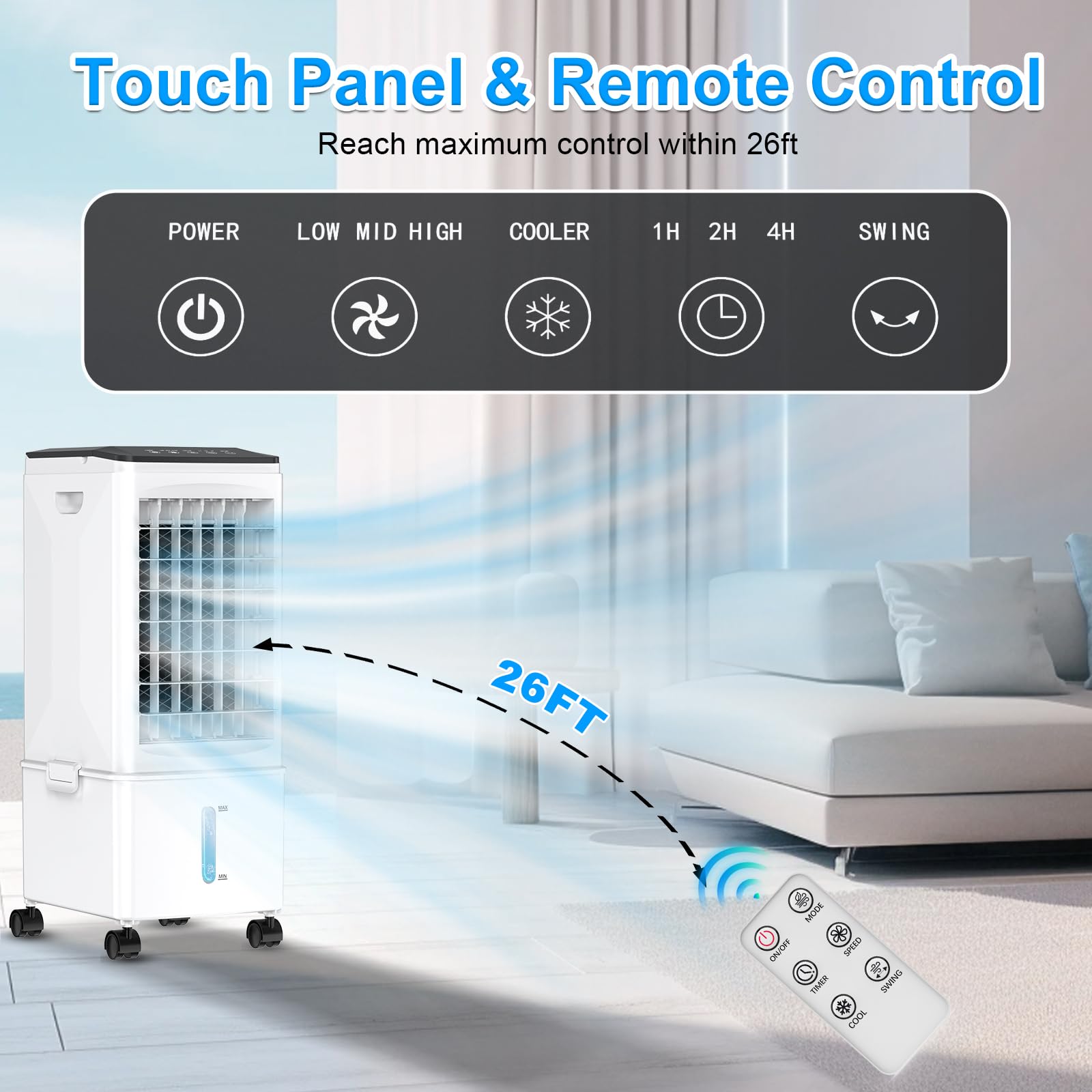 Portable Air Conditioners, 3-IN-1 Portable AC Unit w/2.6 Gal Tank for 24H Cooling, 4 Modes & 3 Speeds, Windowless Air Conditioner w/7.5H Timer, Smart Remote, Swamp Cooler Air Conditioner for Bedroom