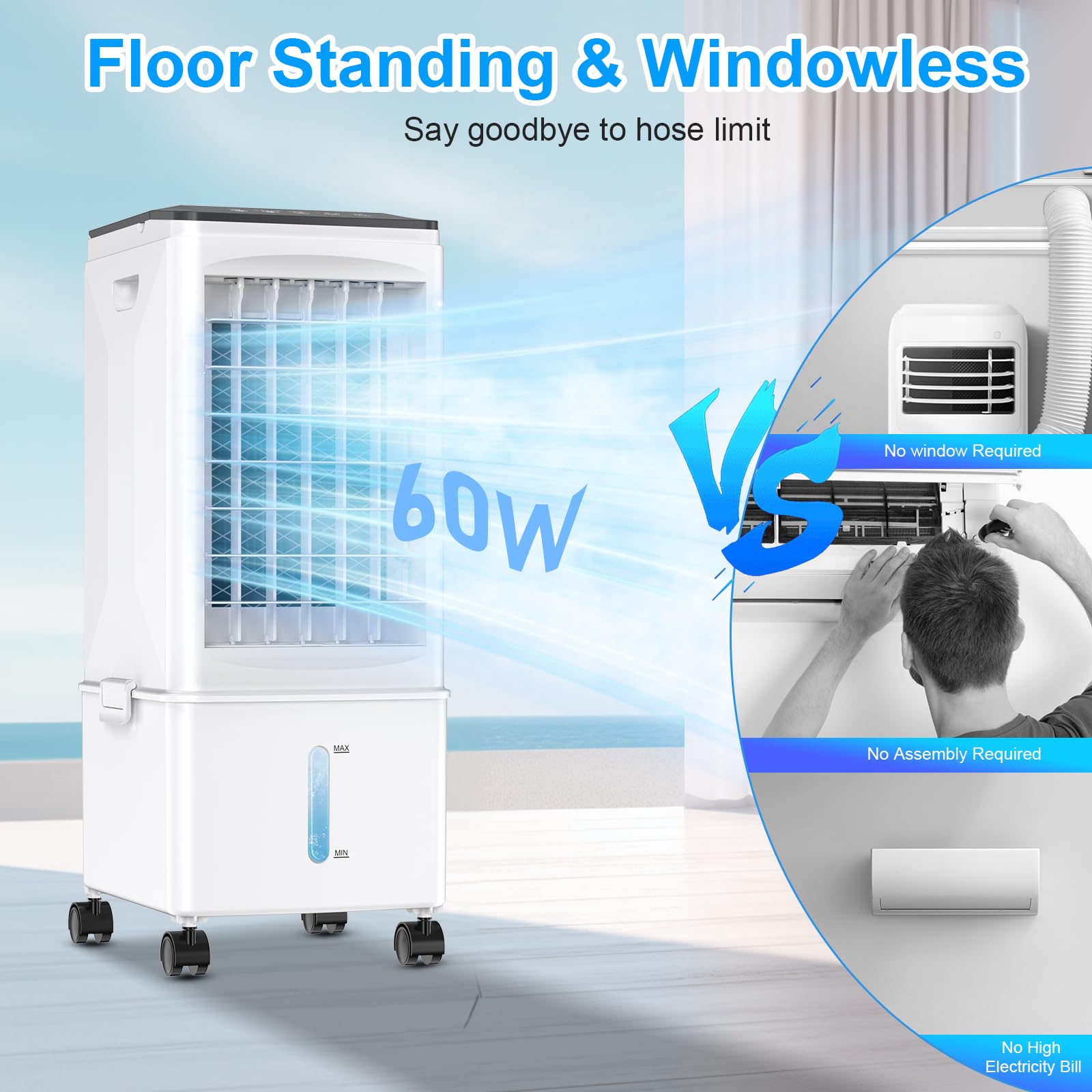 Portable Air Conditioners, 3-IN-1 Portable AC Unit w/2.6 Gal Tank for 24H Cooling, 4 Modes & 3 Speeds, Windowless Air Conditioner w/7.5H Timer, Smart Remote, Swamp Cooler Air Conditioner for Bedroom