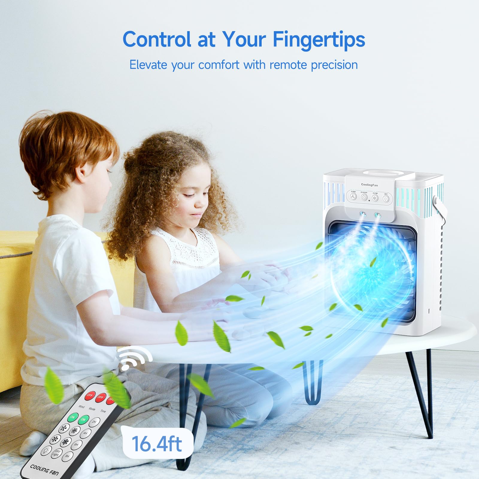 FZBPI Portable Air Conditioner Cooling Fan with Remote, Quiet with 3 Speeds, 1200ml Evaporative Personal Air Cooler Fan with 3 Mist, 7 Night Light, 8H Timer, Small Air Conditioner for Bedroom Office