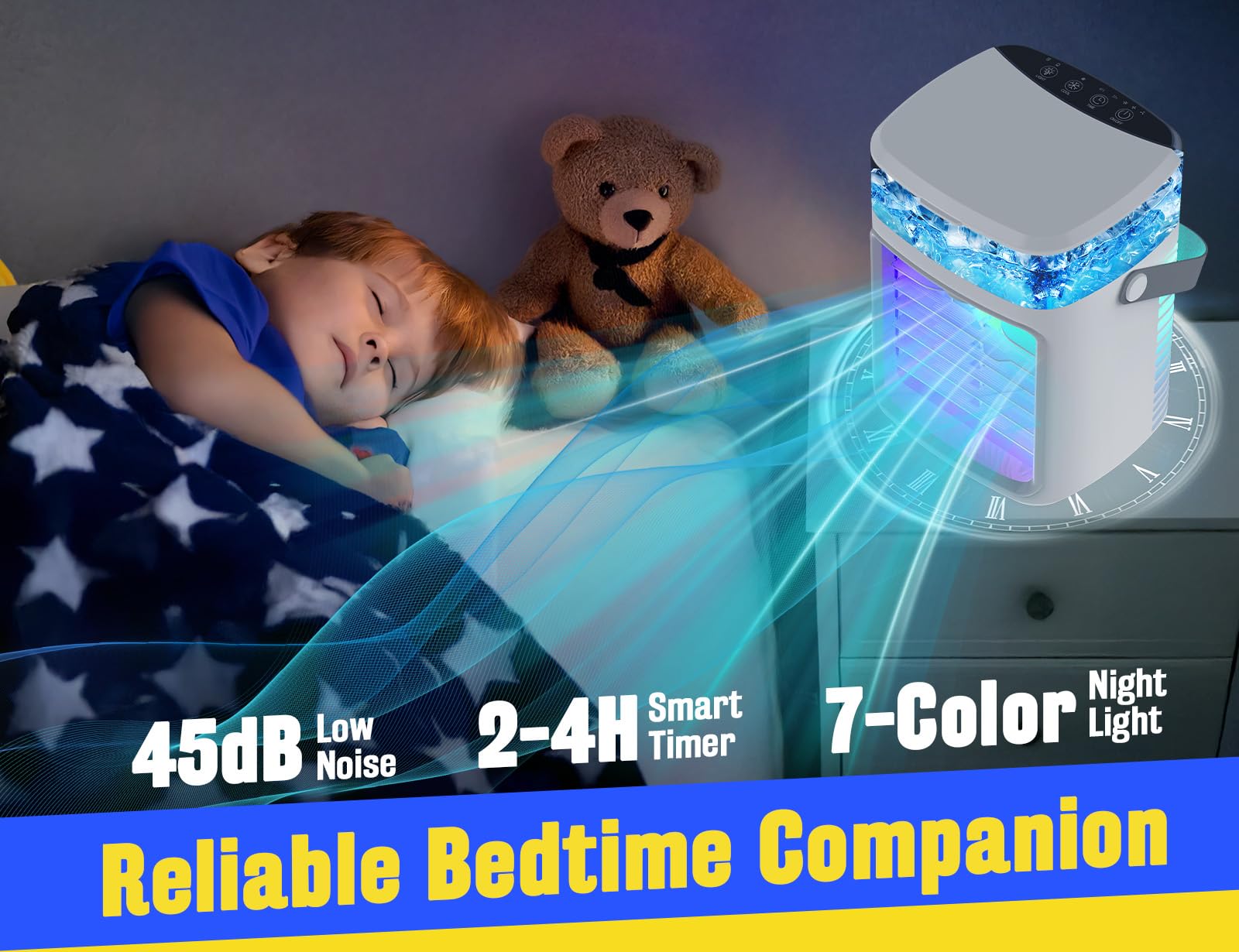 Portable Air Conditioners, Fast Cooling Evaporative Personal Air Cooler with 3 Wind Speeds, 2/4H Timer, 7 Color Lights, Mini Air Conditioner, USB Portable AC Unit Fan for Bedroom Office Camping Car