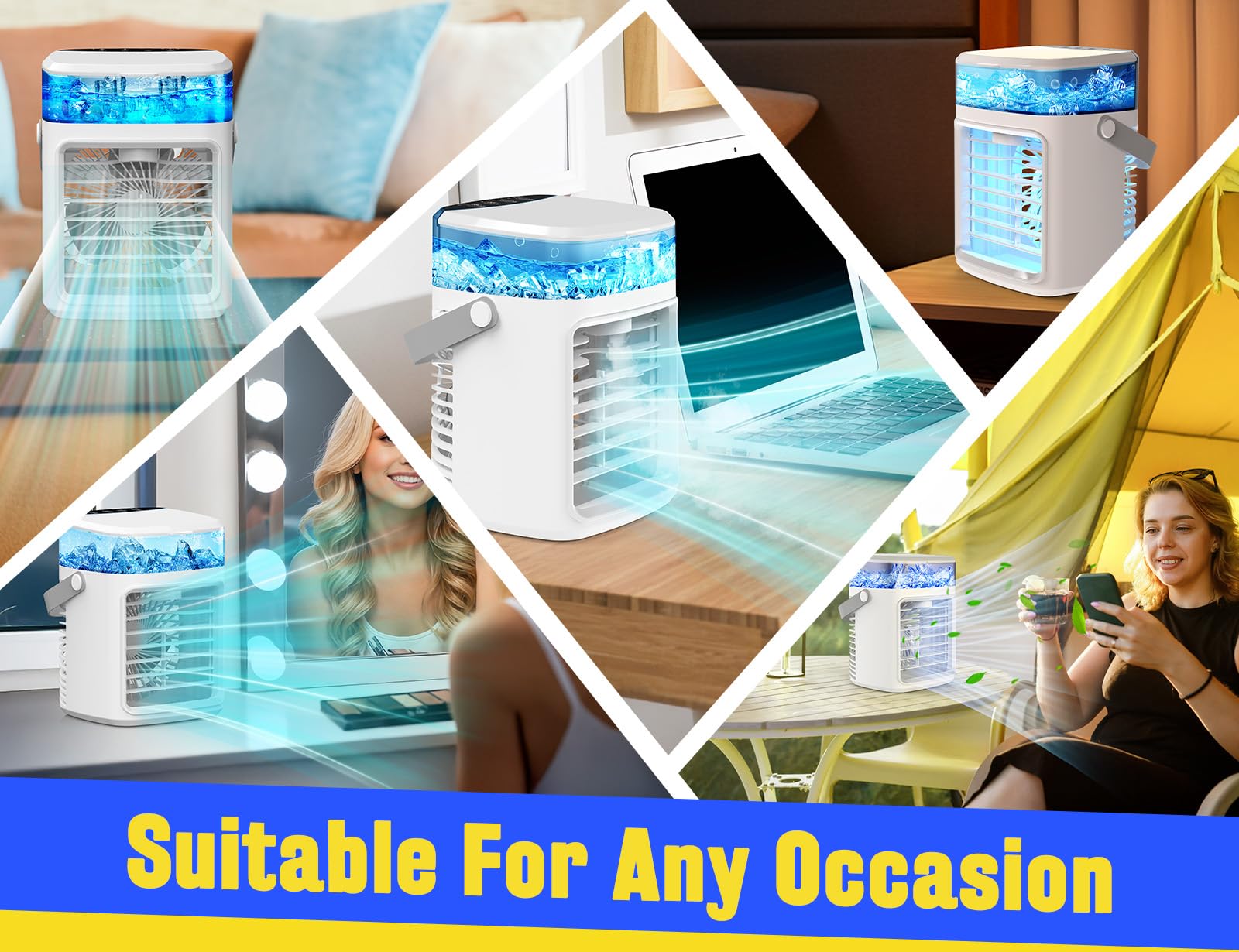 Portable Air Conditioners, Fast Cooling Evaporative Personal Air Cooler with 3 Wind Speeds, 2/4H Timer, 7 Color Lights, Mini Air Conditioner, USB Portable AC Unit Fan for Bedroom Office Camping Car