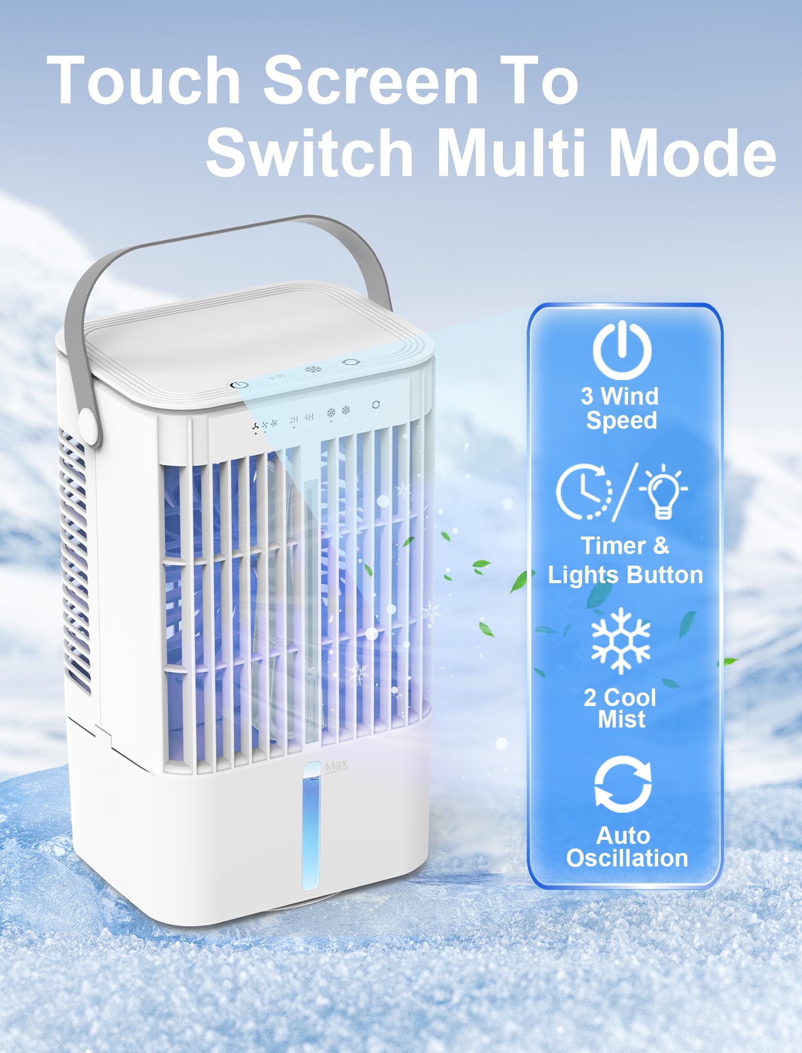 Portable Air Conditioners, Evaporative Air Cooler with 3 Speeds & 2 Cool Mist Modes, Personal Mini AC Conditioner With 1200mL Water Tank, 2/4H Timer, Touch Screen Desktop Cooling Fan for Home Office