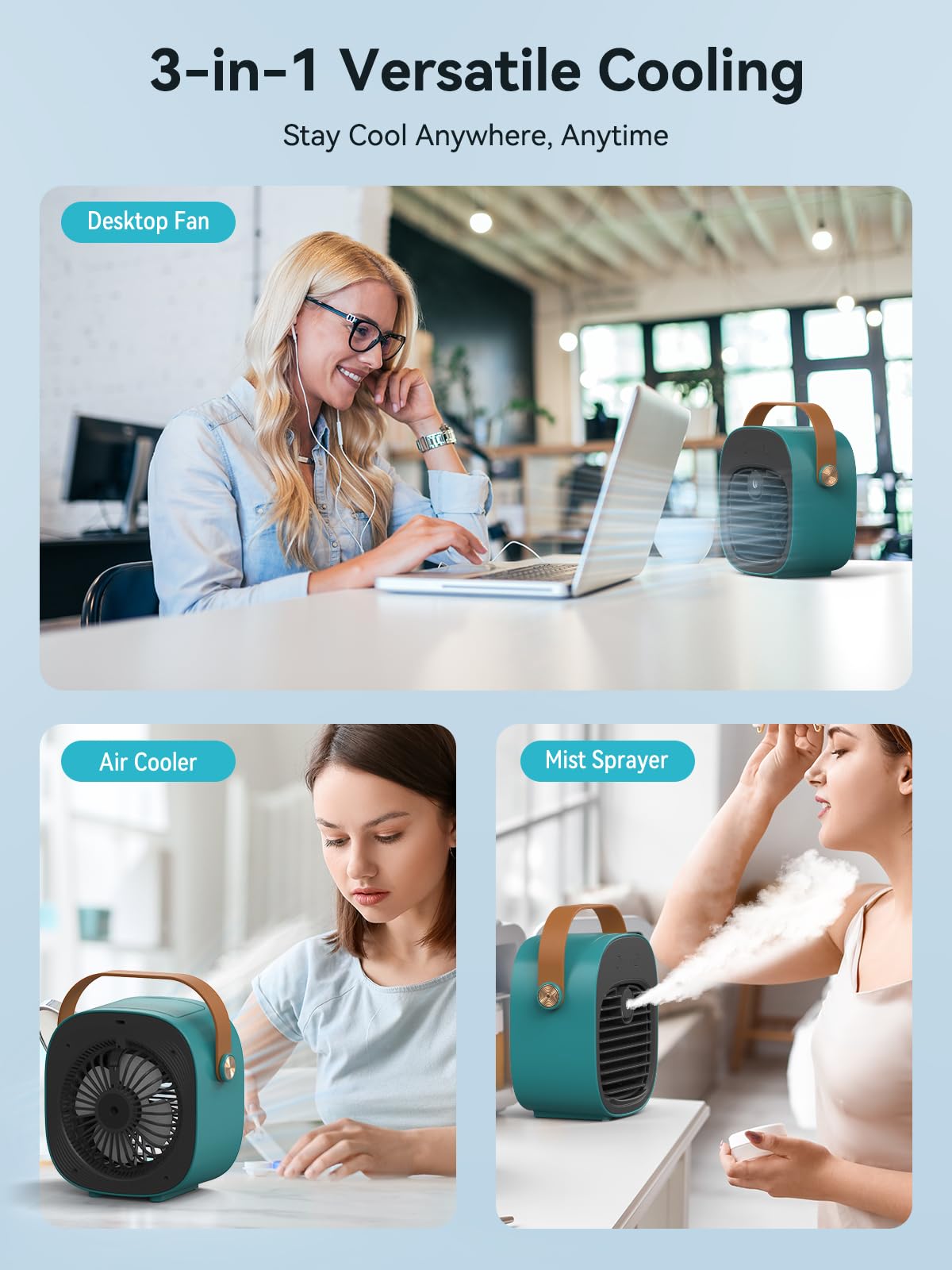 Air Conditioner Portable-5200mAh Rechargeable Personal Air Cooler, Mini Air Conditioner with 3 Speeds, Quiet Desk Cooling Fan for Home, Bedroom, Travel, Office, Outdoor, Indoor