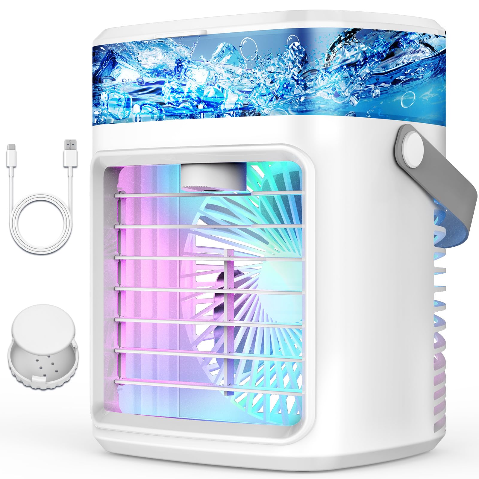 Portable Air Conditioners, Fast Cooling Evaporative Personal Air Cooler with 3 Wind Speeds, 2/4H Timer, 7 Color Lights, Mini Air Conditioner, USB Portable AC Unit Fan for Bedroom Office Camping Car