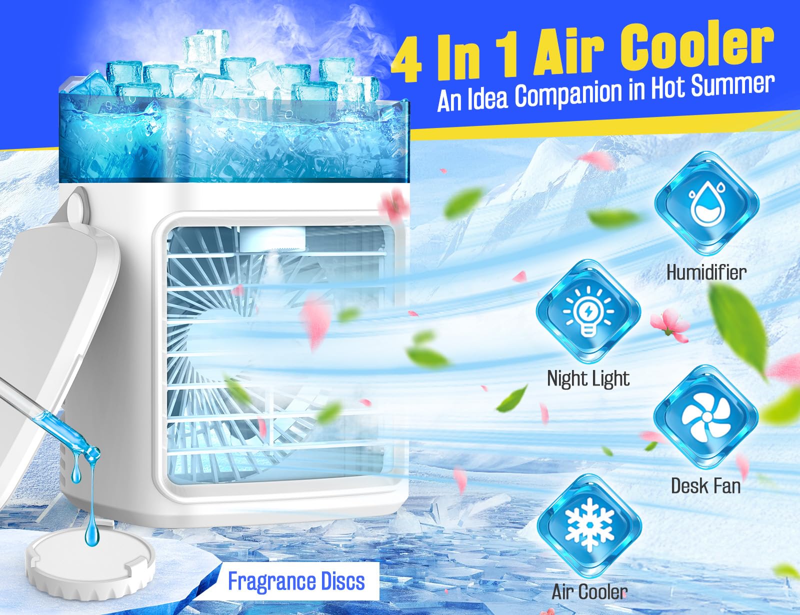 Portable Air Conditioners, Fast Cooling Evaporative Personal Air Cooler with 3 Wind Speeds, 2/4H Timer, 7 Color Lights, Mini Air Conditioner, USB Portable AC Unit Fan for Bedroom Office Camping Car
