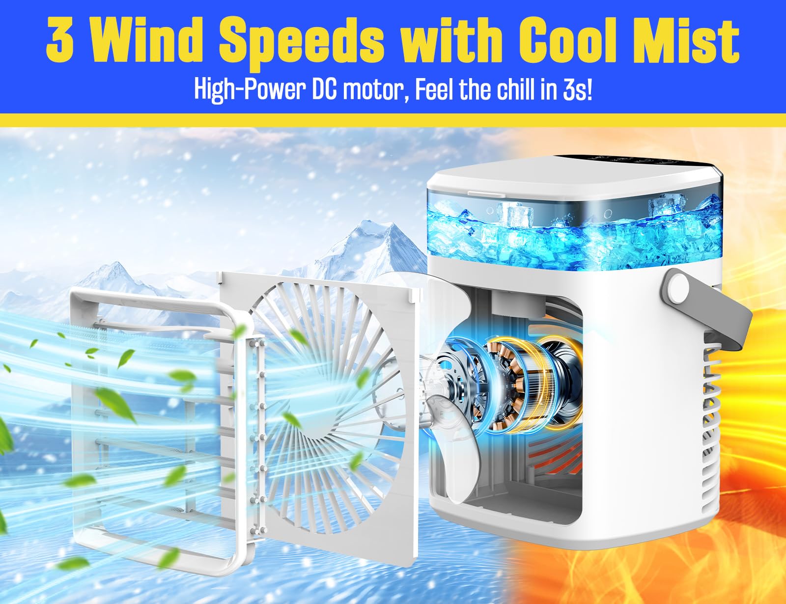 Portable Air Conditioners, Fast Cooling Evaporative Personal Air Cooler with 3 Wind Speeds, 2/4H Timer, 7 Color Lights, Mini Air Conditioner, USB Portable AC Unit Fan for Bedroom Office Camping Car
