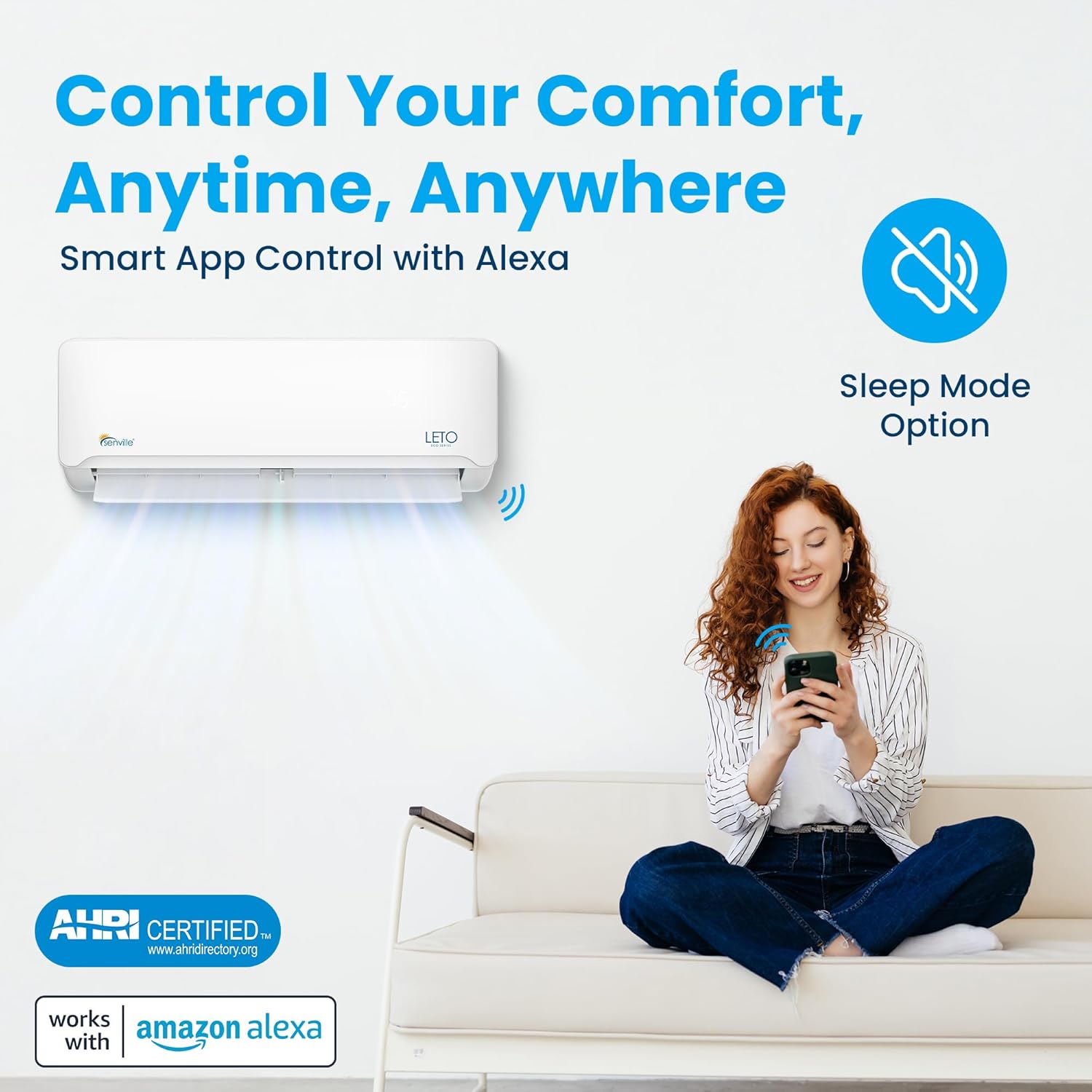 Senville LETO Series Mini Split Air Conditioner Heat Pump, 9000 BTU 110/120V, Inverter, Works with Alexa, SEER2 21.5, White