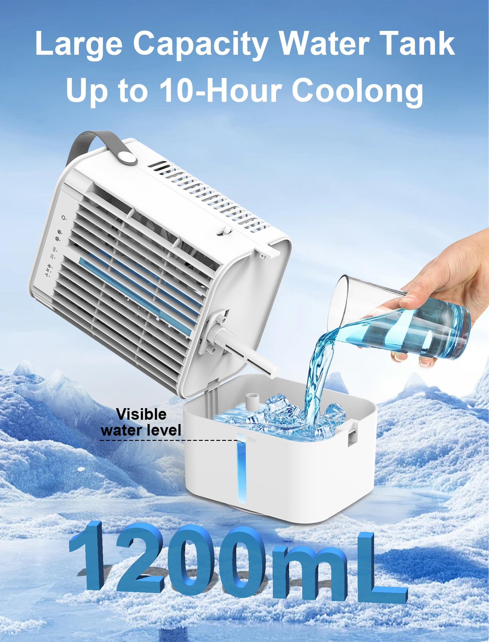 Portable Air Conditioners, Evaporative Air Cooler with 3 Speeds & 2 Cool Mist Modes, Personal Mini AC Conditioner With 1200mL Water Tank, 2/4H Timer, Touch Screen Desktop Cooling Fan for Home Office
