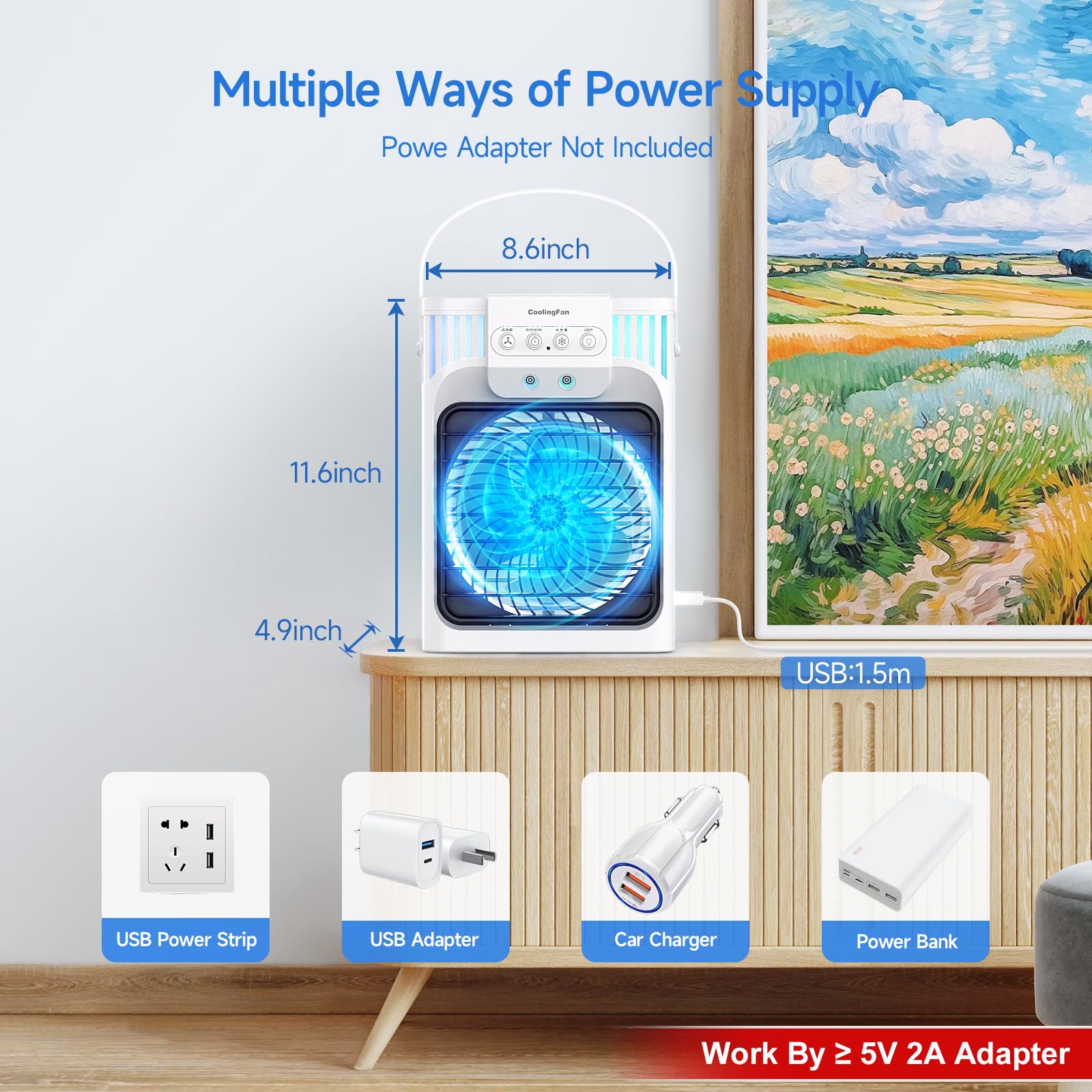 FZBPI Portable Air Conditioner Cooling Fan with Remote, Quiet with 3 Speeds, 1200ml Evaporative Personal Air Cooler Fan with 3 Mist, 7 Night Light, 8H Timer, Small Air Conditioner for Bedroom Office
