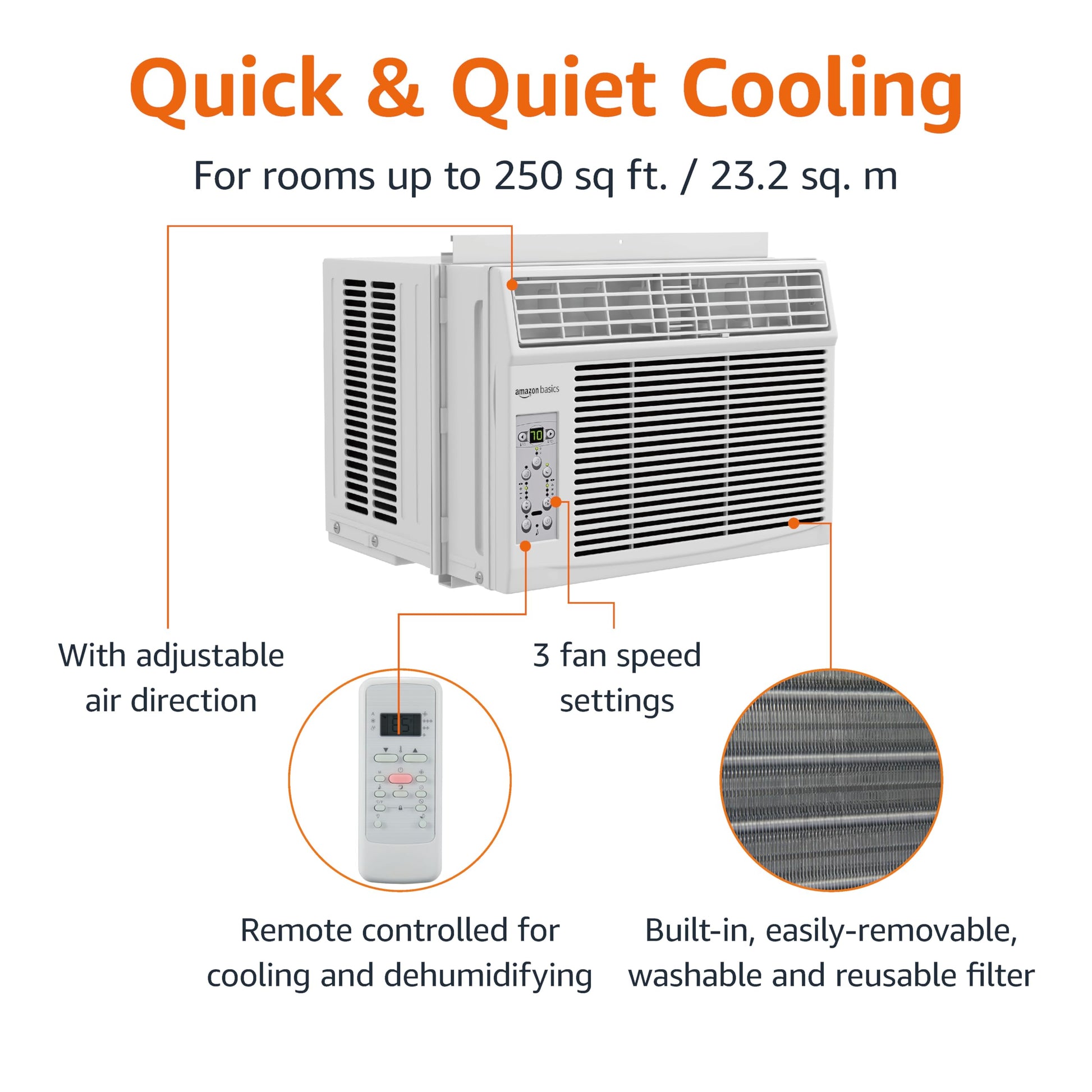 Amazon Basics 6000-BTU Window Air Conditioner, Up to 250 Sqf, Window AC Units with Cool and Fan Functions, Washable Filter, Adjustable Window Kit, Digital Temperature Display, Remote Control, White